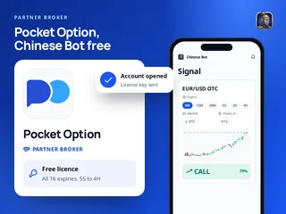 The Pocket Option broker card beside the Chinese Bot app reading EUR/USD OTC on Pocket Option: CALL at 79% agreement on 5 minutes, with the free licence for all 16 expiries