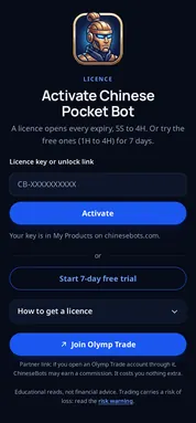 The Chinese Pocket Bot licence screen with the key field and Start 7-day free trial