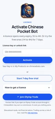 The Chinese Pocket Bot licence screen with the key field and Start 7-day free trial