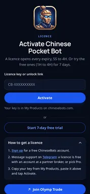 Chinese Pocket Bot: how to get a licence. Three steps under the trial button: sign up, message support, paste the key.