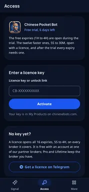 Chinese Pocket Bot: padlocks on the fast expiries. Without a licence, 5S to 30M send you to the Access tab, where a key opens them.
