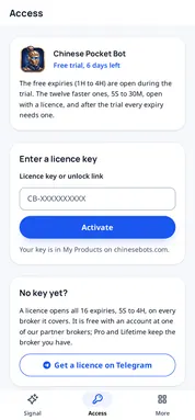 Chinese Pocket Bot: padlocks on the fast expiries. Without a licence, 5S to 30M send you to the Access tab, where a key opens them.