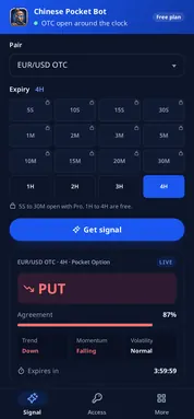 Chinese Pocket Bot with OTC selected, reading a Pocket Option OTC pair