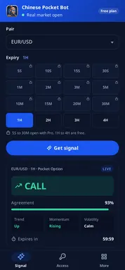 Chinese Pocket Bot answering CALL for EUR/USD on Pocket Option, with agreement, readings and countdown