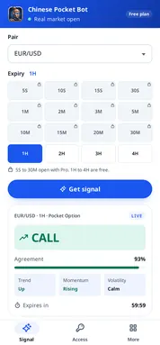 Chinese Pocket Bot answering CALL for EUR/USD on Pocket Option, with agreement, readings and countdown