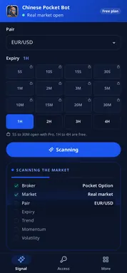 Chinese Pocket Bot scanning a Pocket Option pair: the settings ticked, then the three readings