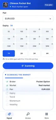 Chinese Pocket Bot scanning a Pocket Option pair: the settings ticked, then the three readings