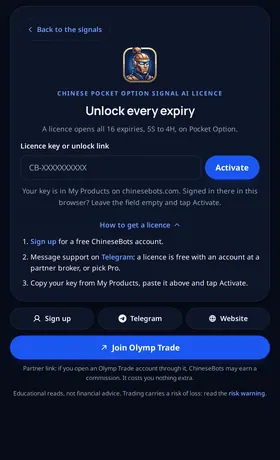 The Chinese Pocket Option Signal AI licence screen with How to get a licence open: sign up, message support, paste the key