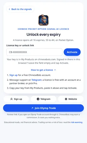 The Chinese Pocket Option Signal AI licence screen with How to get a licence open: sign up, message support, paste the key