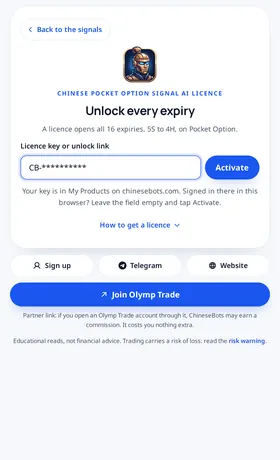 Chinese Pocket Option Signal AI: a key goes in one box. Paste the CB- key from support or your unlock link, tap Activate, and the padlocks go.