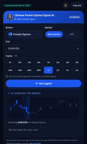 Chinese Pocket Option Signal AI with a licence: every expiry from 5S to 4H open, the bar reading Licensed