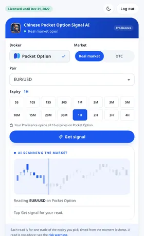 Chinese Pocket Option Signal AI with a licence: every expiry from 5S to 4H open, the bar reading Licensed