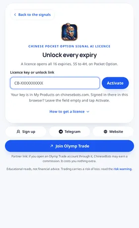 Chinese Pocket Option Signal AI: padlocked expiries. 5S to 30M carry a padlock in the trial. Tapping one opens the licence screen instead of a read.