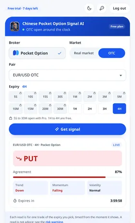 Chinese Pocket Option Signal AI with OTC selected, reading a Pocket Option OTC pair
