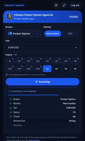 Chinese Pocket Option Signal AI: the scan. Your settings first, then trend, momentum and volatility, each ticked off as it is read.