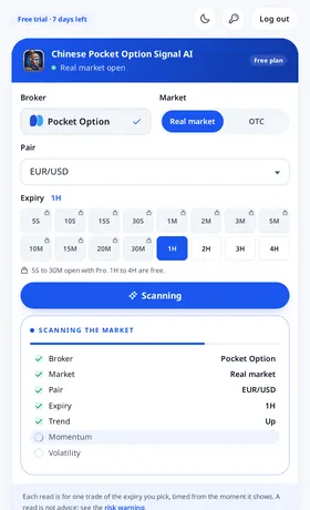 Chinese Pocket Option Signal AI: the scan. Your settings first, then trend, momentum and volatility, each ticked off as it is read.