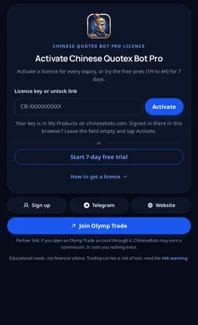 Chinese Quotex Bot Pro: seven days free from the start. No sign-up: Start 7-day free trial opens the hourly expiries on every Quotex pair.