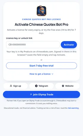Chinese Quotex Bot Pro: seven days free from the start. No sign-up: Start 7-day free trial opens the hourly expiries on every Quotex pair.