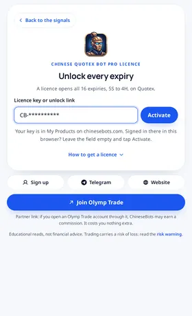Chinese Quotex Bot Pro: paste a key, tap activate. A CB- key or an unlock link goes in one box. Every expiry opens the moment it checks out.