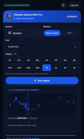 Chinese Quotex Bot Pro with a licence: the bar reads Licensed and all 16 expiries are open