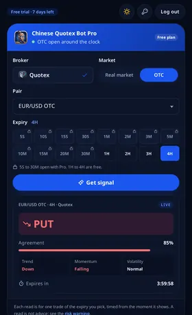 Chinese Quotex Bot Pro reading an OTC pair on Quotex, with its agreement and the three readings