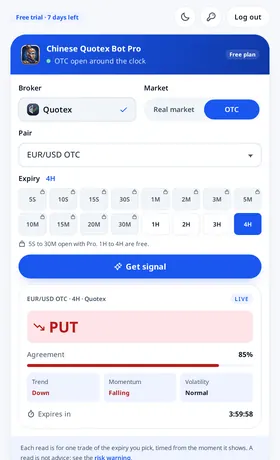 Chinese Quotex Bot Pro reading an OTC pair on Quotex, with its agreement and the three readings