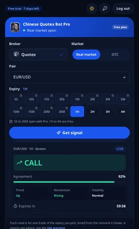 Chinese Quotex Bot Pro answering CALL for EUR/USD on Quotex at 1 hour, with 92% agreement, the three readings and 59:58 left