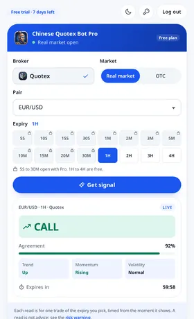 Chinese Quotex Bot Pro answering CALL for EUR/USD on Quotex at 1 hour, with 92% agreement, the three readings and 59:58 left