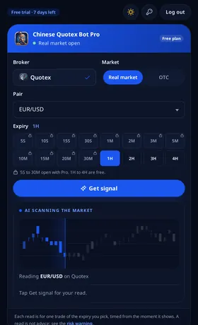 Chinese Quotex Bot Pro: opens ready to read. Quotex is already set. The window opens on the free plan with 1H picked and the scanner idling over real candles.