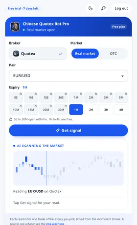 Chinese Quotex Bot Pro: opens ready to read. Quotex is already set. The window opens on the free plan with 1H picked and the scanner idling over real candles.