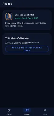 The Chinese Quotx Bot Access tab: the plan, the licence and when it ends
