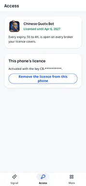 The Chinese Quotx Bot Access tab: the plan, the licence and when it ends