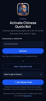 Chinese Quotx Bot: licence screen. The first screen: start the 7-day trial, paste a key, or see how to get one.