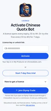 Chinese Quotx Bot: licence screen. The first screen: start the 7-day trial, paste a key, or see how to get one.