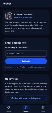 Chinese Quotx Bot: a locked expiry. Tap 5S to 30M without a licence and the app takes you to Access, where a key opens them.