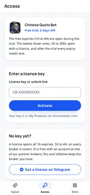 Chinese Quotx Bot: a locked expiry. Tap 5S to 30M without a licence and the app takes you to Access, where a key opens them.