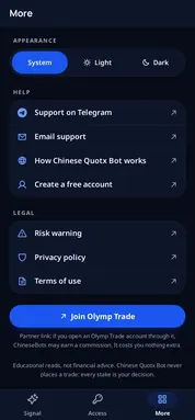 Chinese Quotx Bot: more tab. Light, dark or the phone's theme, support on Telegram and email, and the legal pages.
