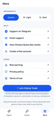 Chinese Quotx Bot: more tab. Light, dark or the phone's theme, support on Telegram and email, and the legal pages.