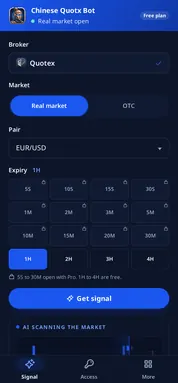 The Chinese Quotx Bot signal screen: Quotex fixed, Real market, EUR/USD and the expiry grid