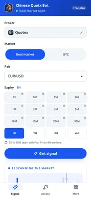 The Chinese Quotx Bot signal screen: Quotex fixed, Real market, EUR/USD and the expiry grid