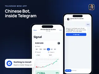 The Chinese Bot for Quotex mini app open inside Telegram, answering CALL on EUR/USD at 1 hour with 82% agreement, in front of the bot's chat and its Open app button